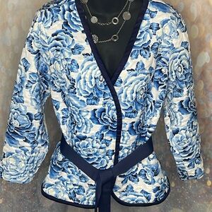 Isaac Mizrahi Live Textured Blue Floral Women's Jacket Blazer 3/4 Sleeve Size L